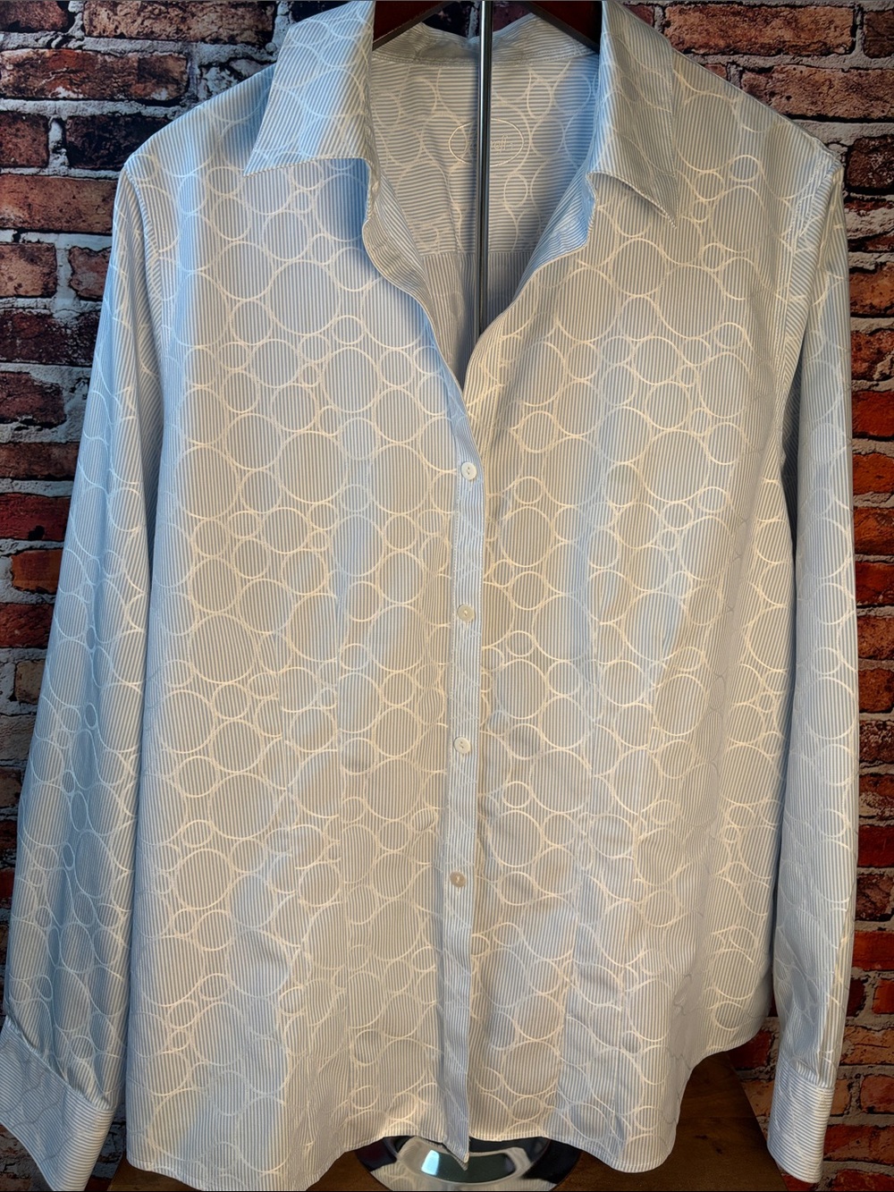 Foxcroft Light Blue & White Pinstripe Circular Pattern Button-Down Shirt 12/L